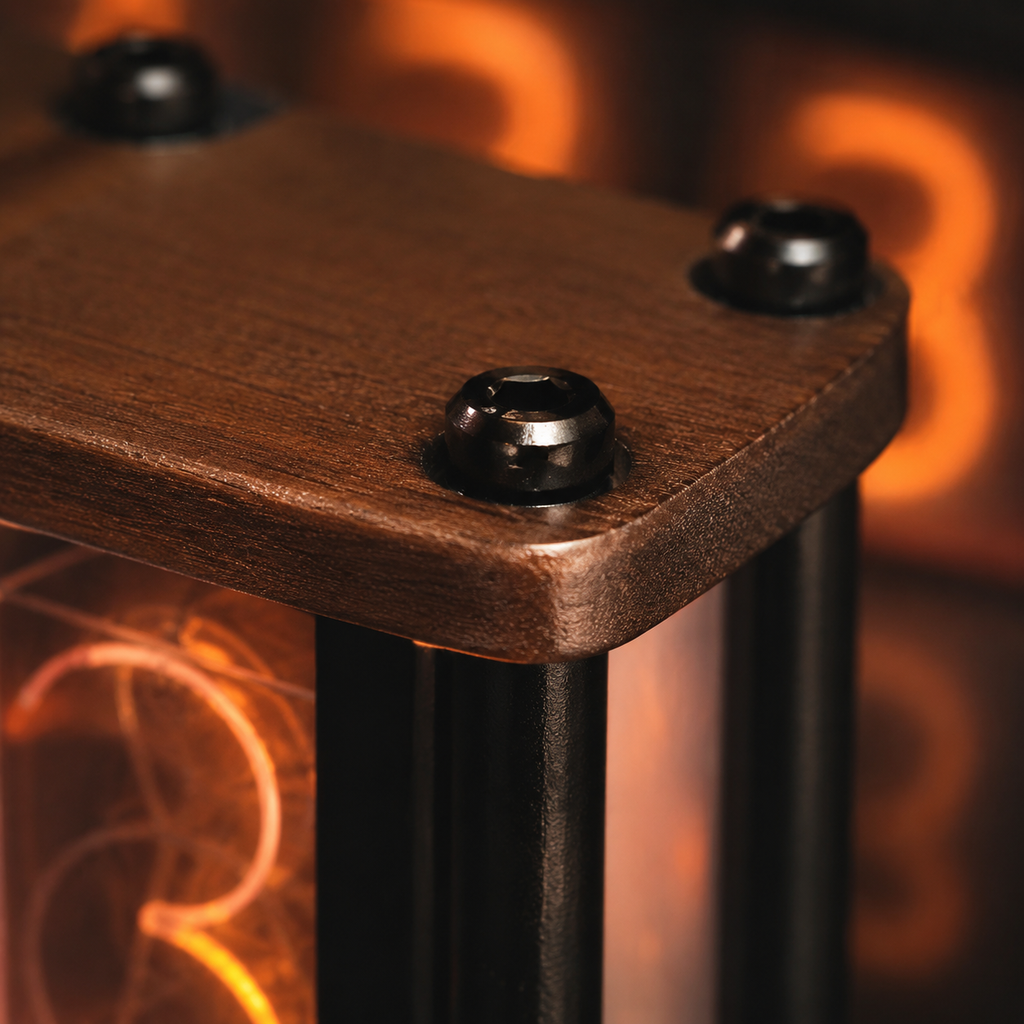 NUREYA Premium RGB Glow Tube Clock | Cyberpunk Walnut Wood Nixie Alternative for Desk Setup