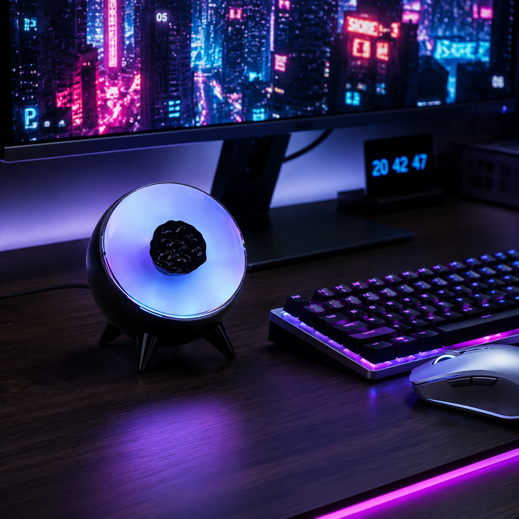 NUREYA ferrofluid rhythm lamp on a cyberpunk desk setup with gaming keyboard.