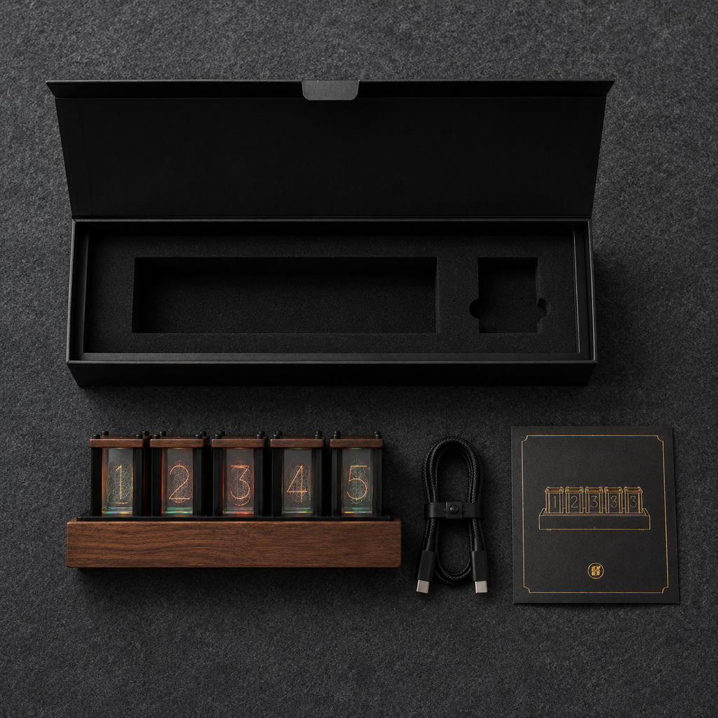 NUREYA RGB glow tube clock premium black gift box packaging and accessories.