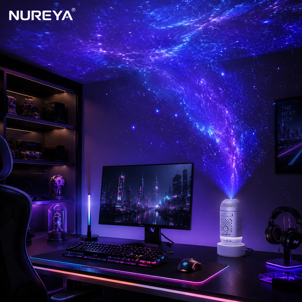 NUREYA Immersive Galaxy Projector | 8-in-1 Cyberpunk Vibe Night Light with Adjustable Focus