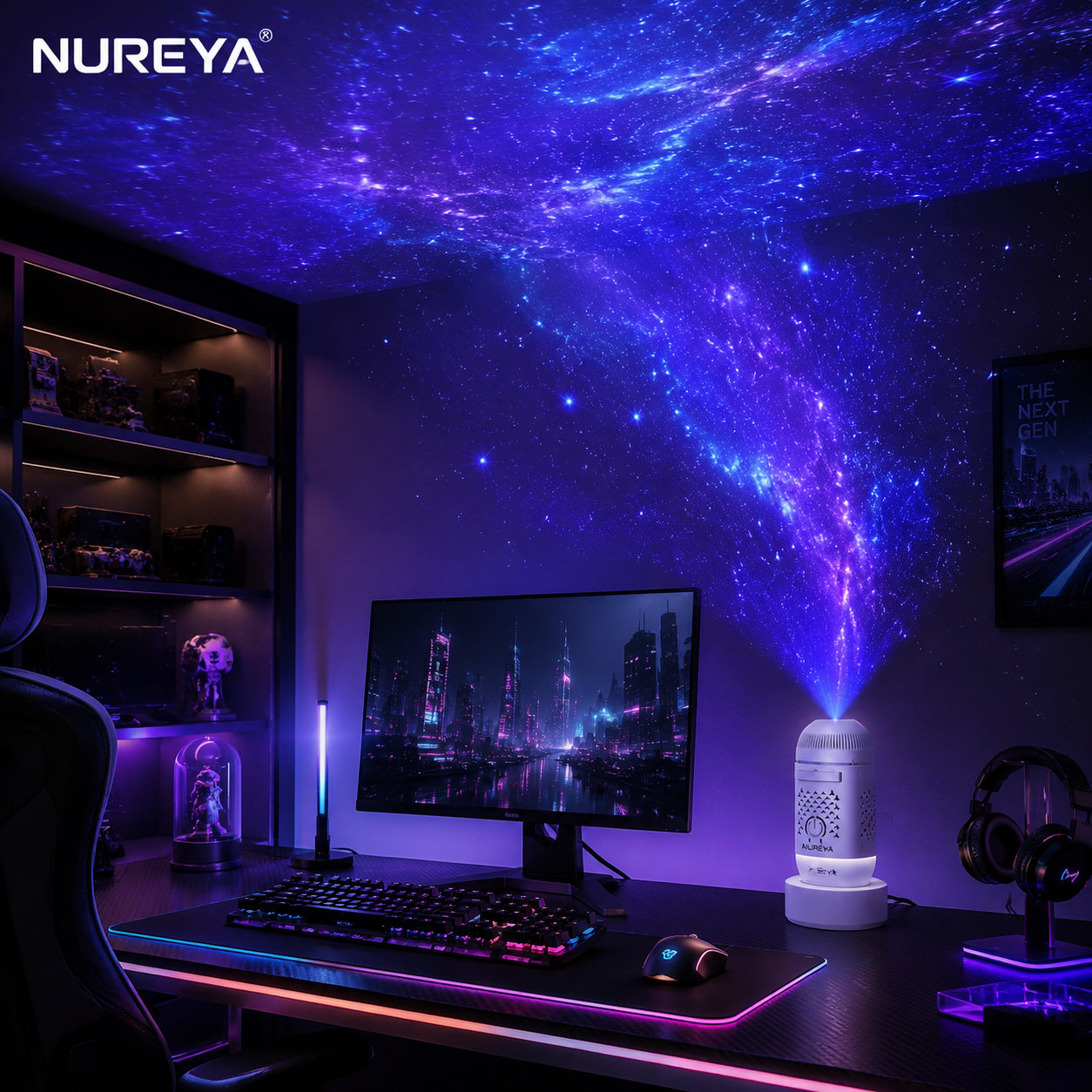 NUREYA Immersive Galaxy Projector | 8-in-1 Cyberpunk Vibe Night Light with Adjustable Focus