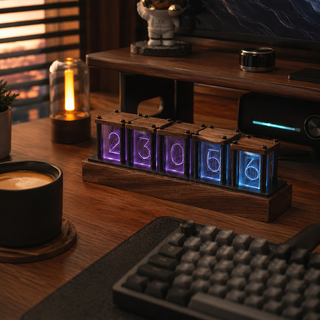 NUREYA Premium RGB Glow Tube Clock | Cyberpunk Walnut Wood Nixie Alternative for Desk Setup