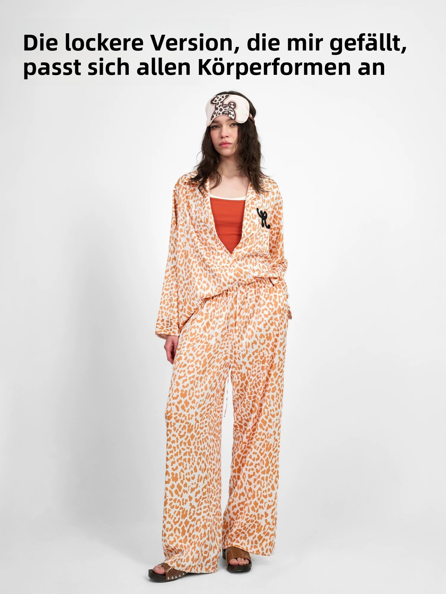 Leopard Print Satin Pajama Set for Women | Long Sleeve Top & Relaxed Wide Leg Pants