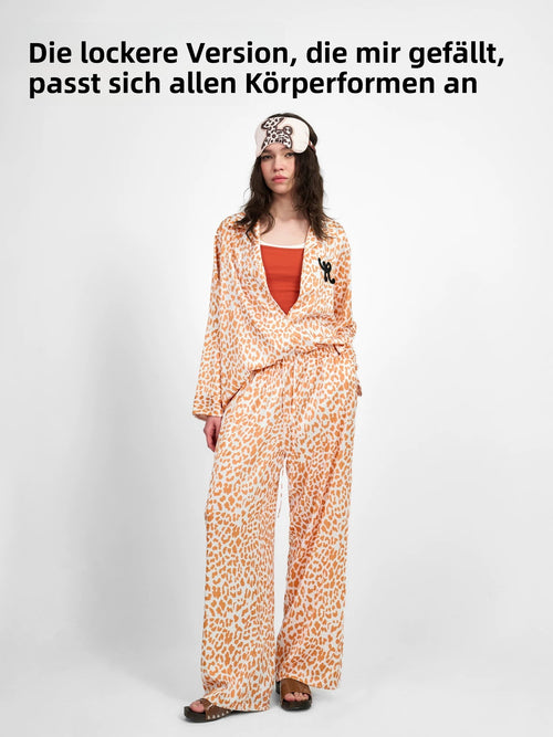 Leopard Print Satin Pajama Set for Women | Long Sleeve Top & Relaxed Wide Leg Pants