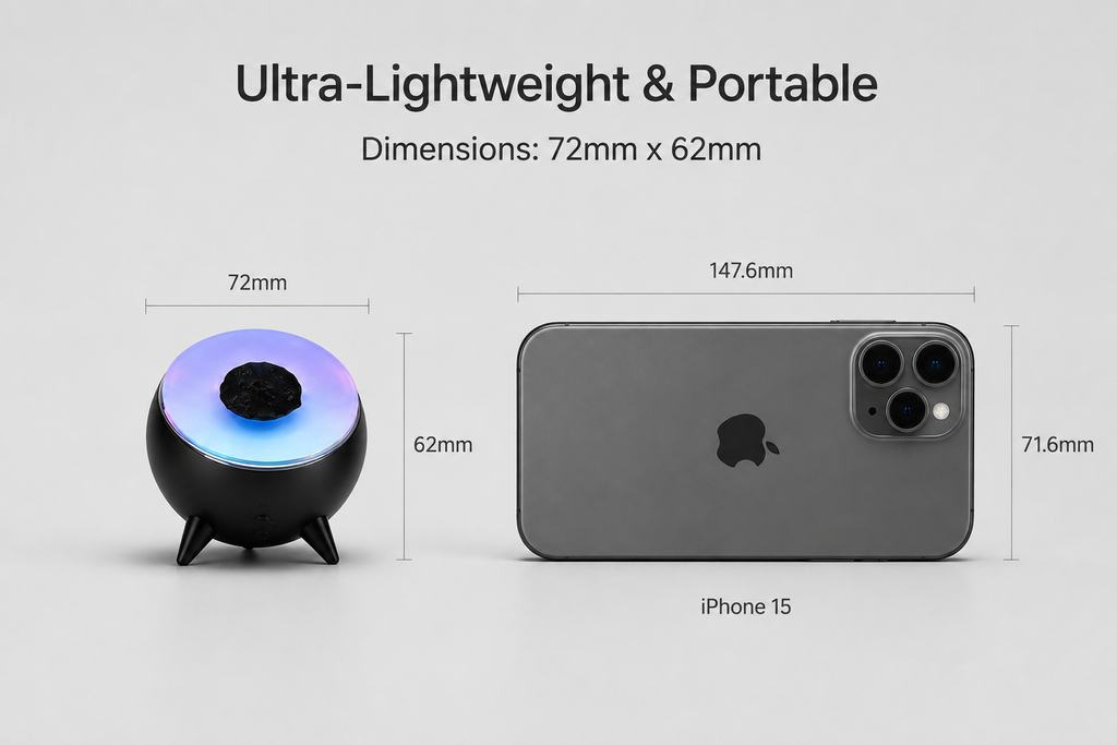 Ultra-lightweight and compact dimensions compared to an iPhone 15.