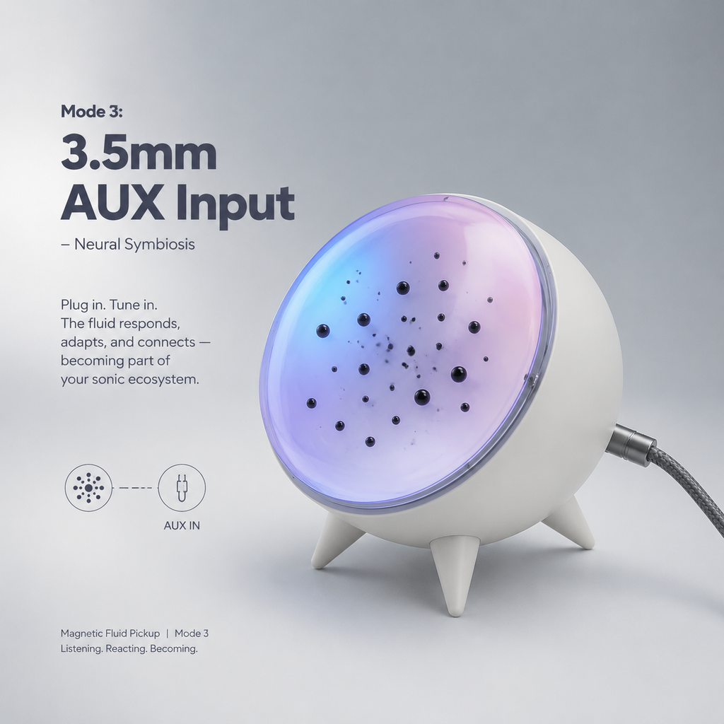3.5mm AUX input mode for zero-latency ferrofluid sound reaction.