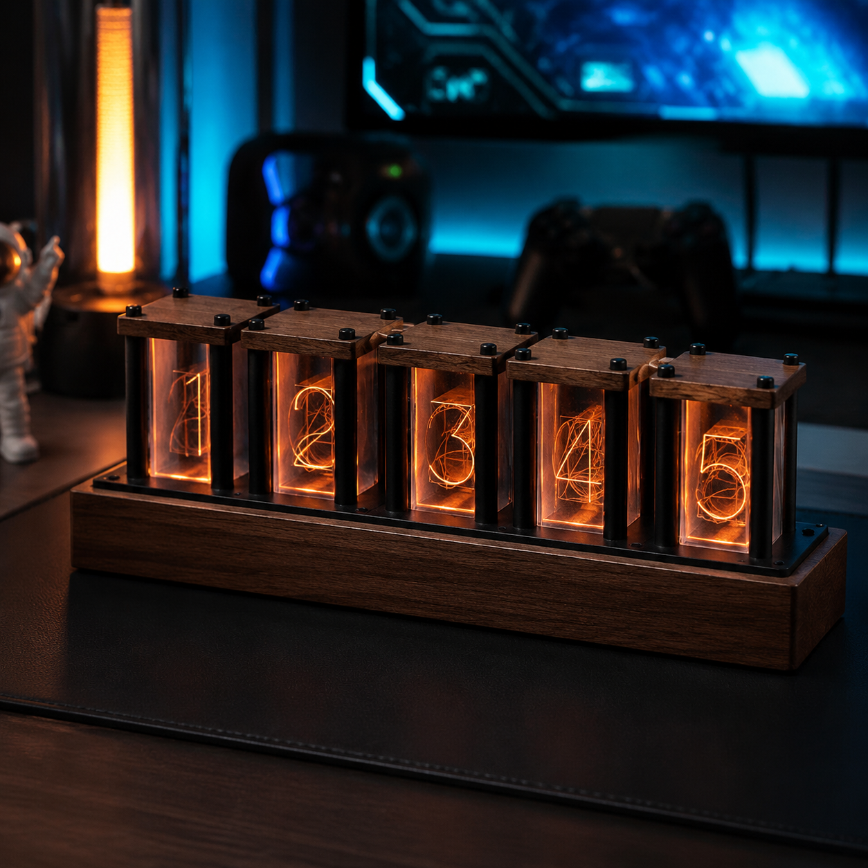 Cyberpunk desk setup featuring NUREYA RGB glow tube clock with purple and blue lights.