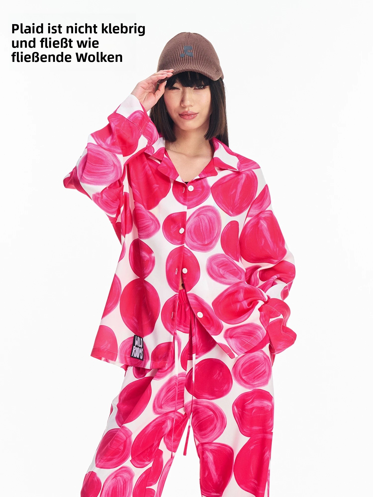 Women's Pink Abstract Print Lounge Set – Button-Up Shirt & Wide-Leg Pants