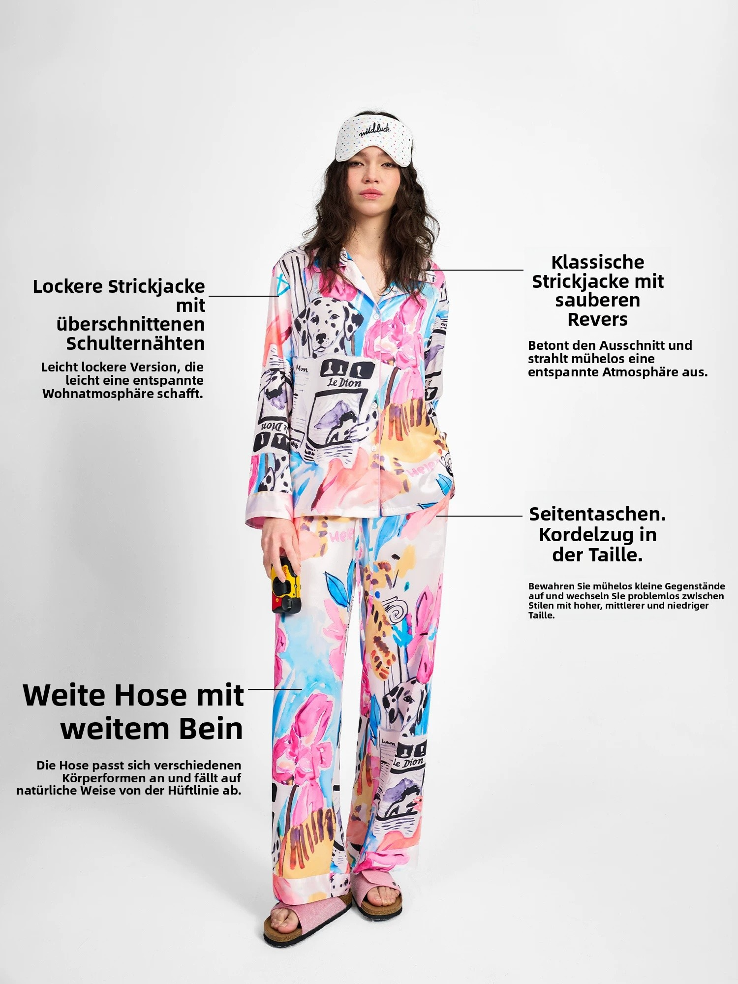 Women's Artistic Floral Print Pajama Set – Long Sleeve Button-Up Shirt & Wide Leg Pants Lounge Set