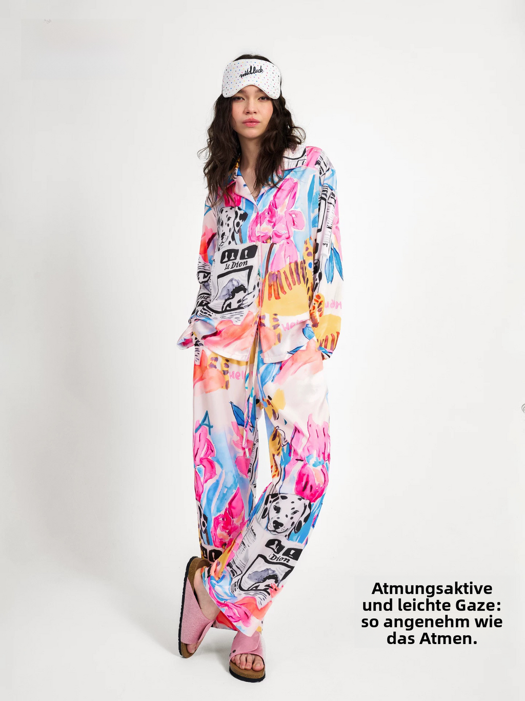 Women's Artistic Floral Print Pajama Set – Long Sleeve Button-Up Shirt & Wide Leg Pants Lounge Set