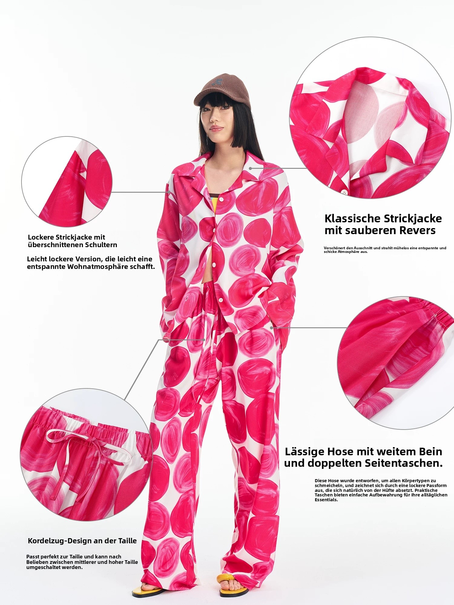 Women's Pink Abstract Print Lounge Set – Button-Up Shirt & Wide-Leg Pants