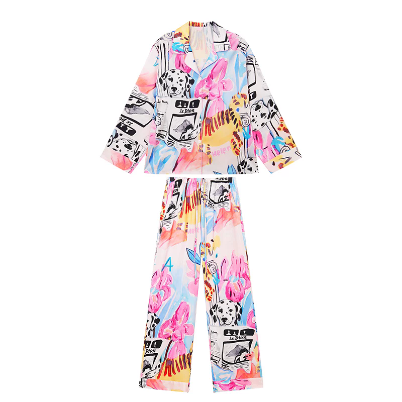 Women's Artistic Floral Print Pajama Set – Long Sleeve Button-Up Shirt & Wide Leg Pants Lounge Set