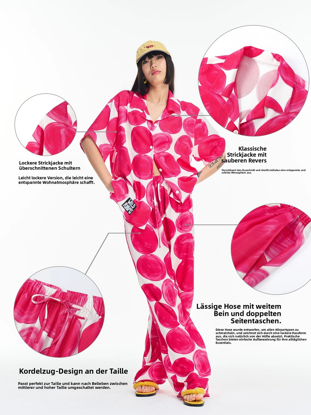 Women's Pink Abstract Print Lounge Set – Button-Up Shirt & Wide-Leg Pants