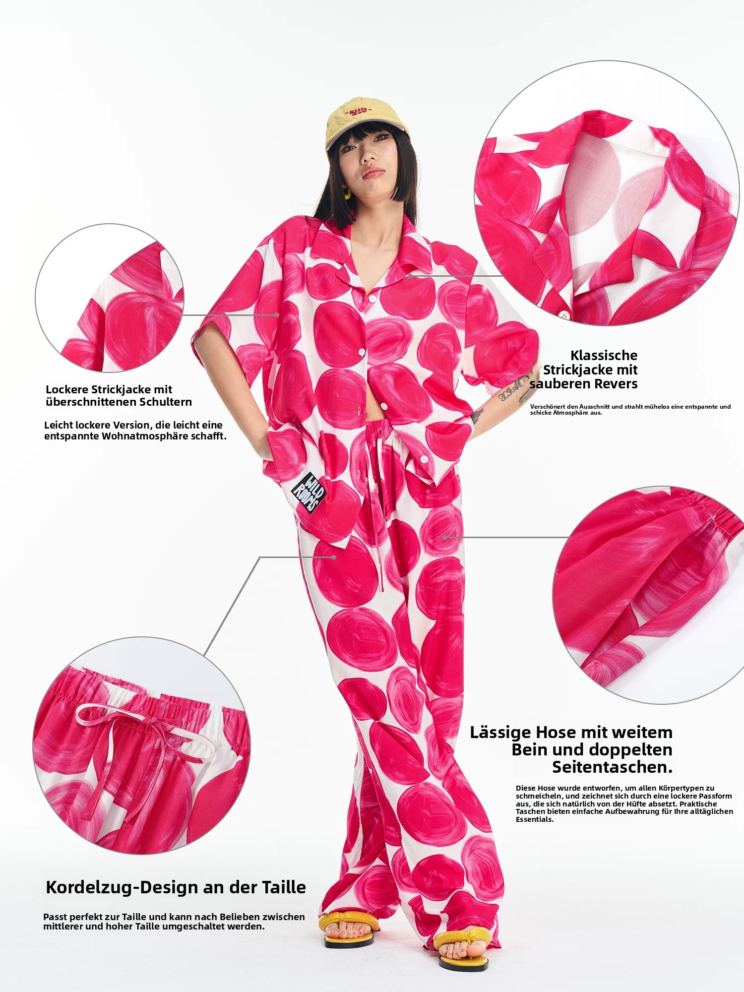 Women's Pink Abstract Print Lounge Set – Button-Up Shirt & Wide-Leg Pants