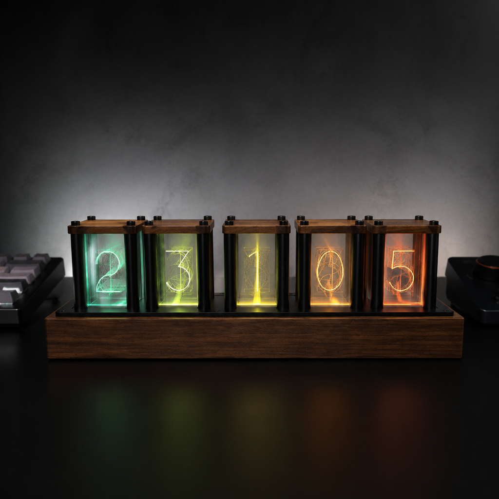 NUREYA Premium RGB Glow Tube Clock | Cyberpunk Walnut Wood Nixie Alternative for Desk Setup