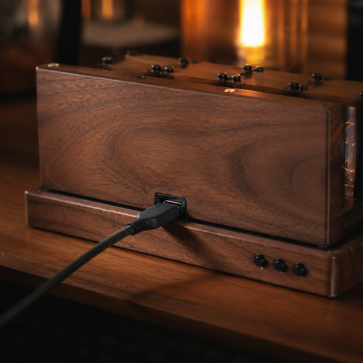 Back view of NUREYA walnut wood RGB clock showing Type-C power port and control buttons.