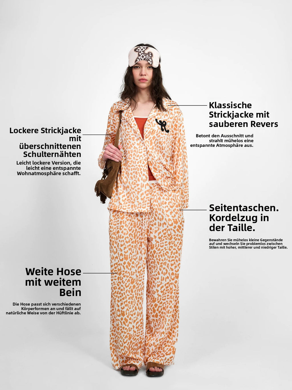 Leopard Print Satin Pajama Set for Women | Long Sleeve Top & Relaxed Wide Leg Pants